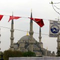 Flags outside of Sultan Ahmed Mosque.